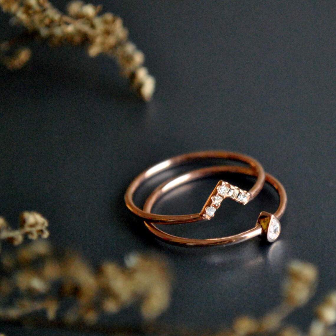 Wedding Ring Set. 14K Rose Gold Pear Baby Diamond Bridal Etsy
