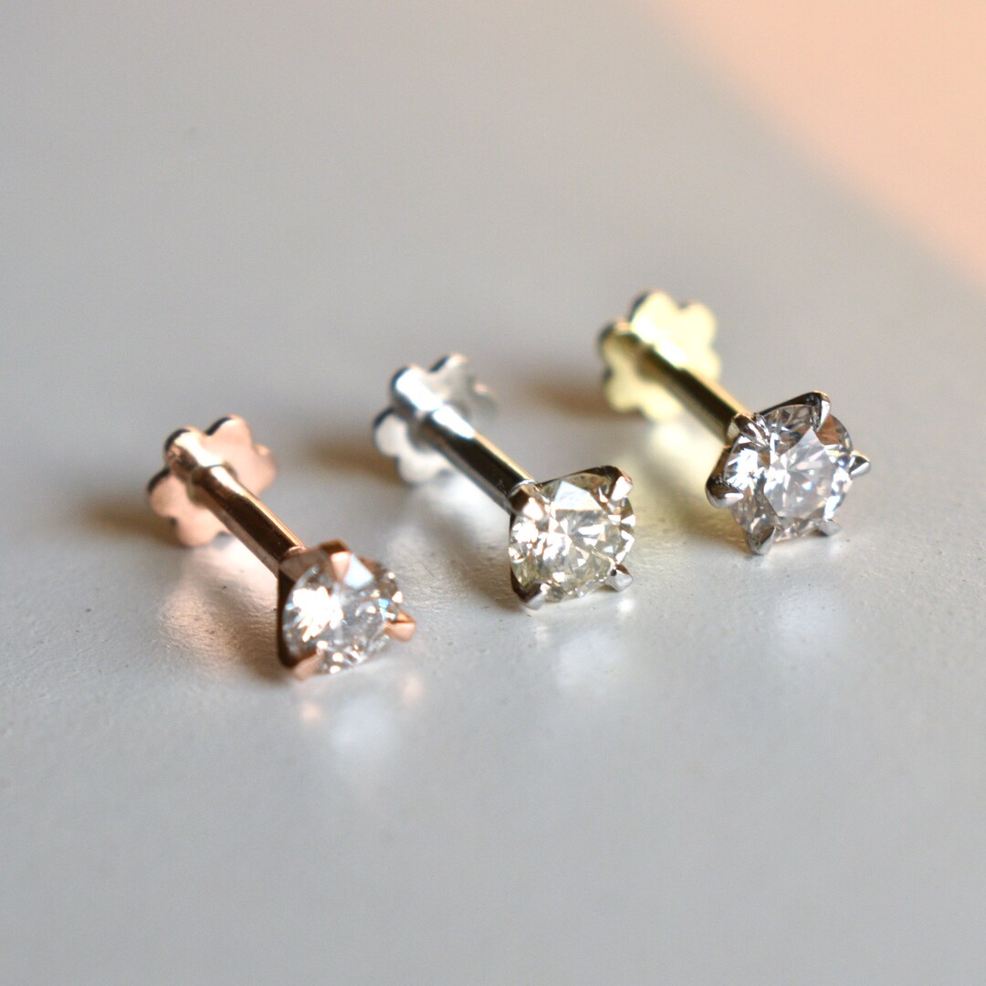 Buy 3mm 4mm Certified Natural Diamond Stud, Nose Ear Stud in  Solid 14K 18K Gold, Genuine Solitaire Big Diamond Flatback 16g Pin Online 