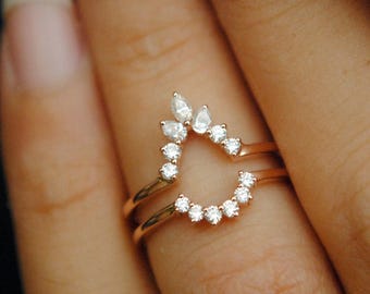 Natural Diamond Ring Guard for Pear Ring, 14k 18k Engagement Ring Enhancer,Marquise Pear Round Diamond Wrap Anniversary Gift,Stack Bands DDP