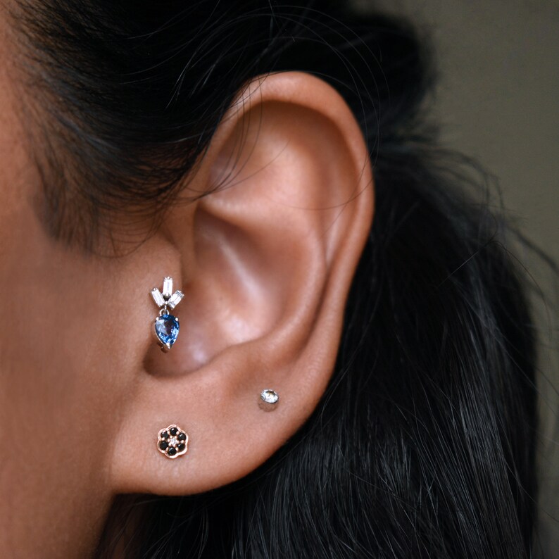 Natural Diamonds & Blue Sapphire Cluster Dangle Tiny Earring, 14k 18k Solid Gold Piercing Jewelry, Unique Ear Setup Tragus Flat Helix 16g image 3