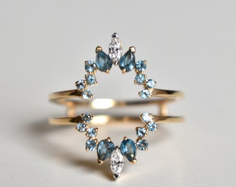 Natural Blue Topaz and Diamond Ring Guard Enhancer, 14K Solid Gold Marquise Pear Round Multistone Halo Ring Wrap