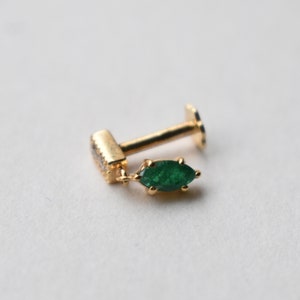 Natural Green Emerald Dangle with Diamond Bar, 14k 18k Solid Gold Small Danging Earring, Tragus Forward Helix Threaded Flatback 16g Piercing image 7