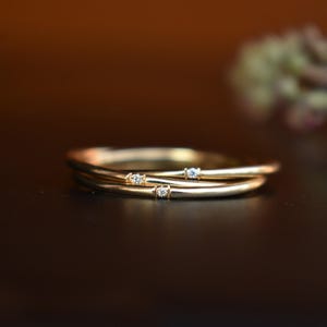 14k 18k Solid Gold Three Rolling Ring, 1mm Triple Interlocked Pave Diamond Ring, Fidget Band image 5