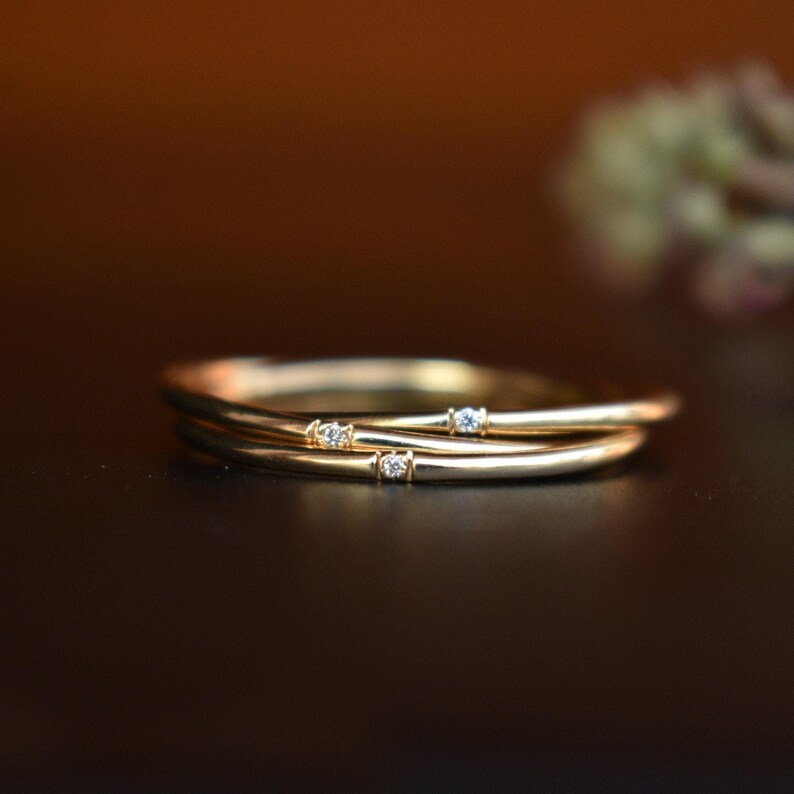 14k 18k Solid Gold Three Rolling Ring, 1mm Triple Interlocked Pave Diamond Ring, Fidget Band image 5