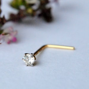 1.5 mm-3 mm 天然ダイヤモンド L ワイヤー ノーズスタッド、14k 18K ソリッドゴールド ピアススタッド、22g ボディジュエリー、ニューベビーインディアンイヤリング