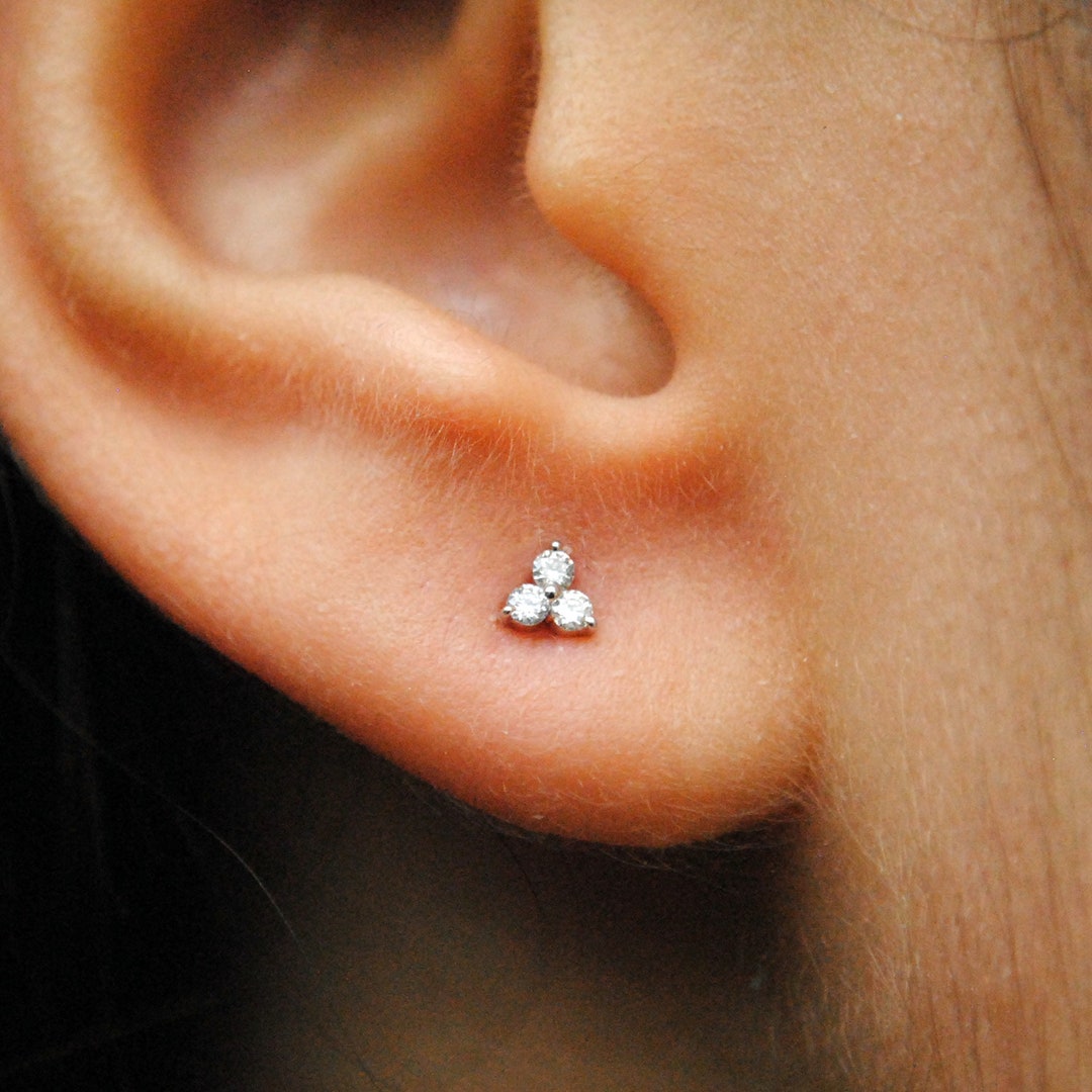 3 Stone Genuine Diamond Stud, 14K Gold Trinity Earring