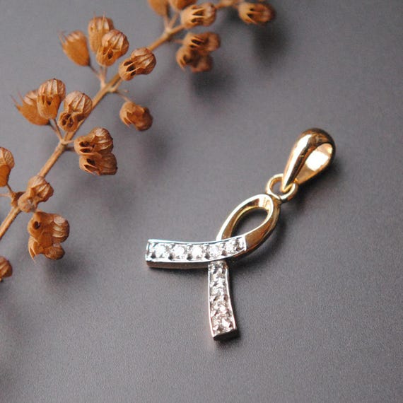 Diamond Awareness Ribbon Charm Pendant, Dainty Gold and Diamond Ribbon Necklace Pendant