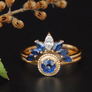 Blue Sapphire Engagement Ring with Sapphire and Diamond Curved Bridal Stack Ring Set image 3