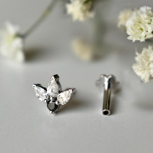 Zwart-witte natuurlijke diamant lotusbloemspeld, 14k gouden oor neus tragus kwab conch kraakbeen helix platte piercing, plaksteen met schroefdraad 16 g