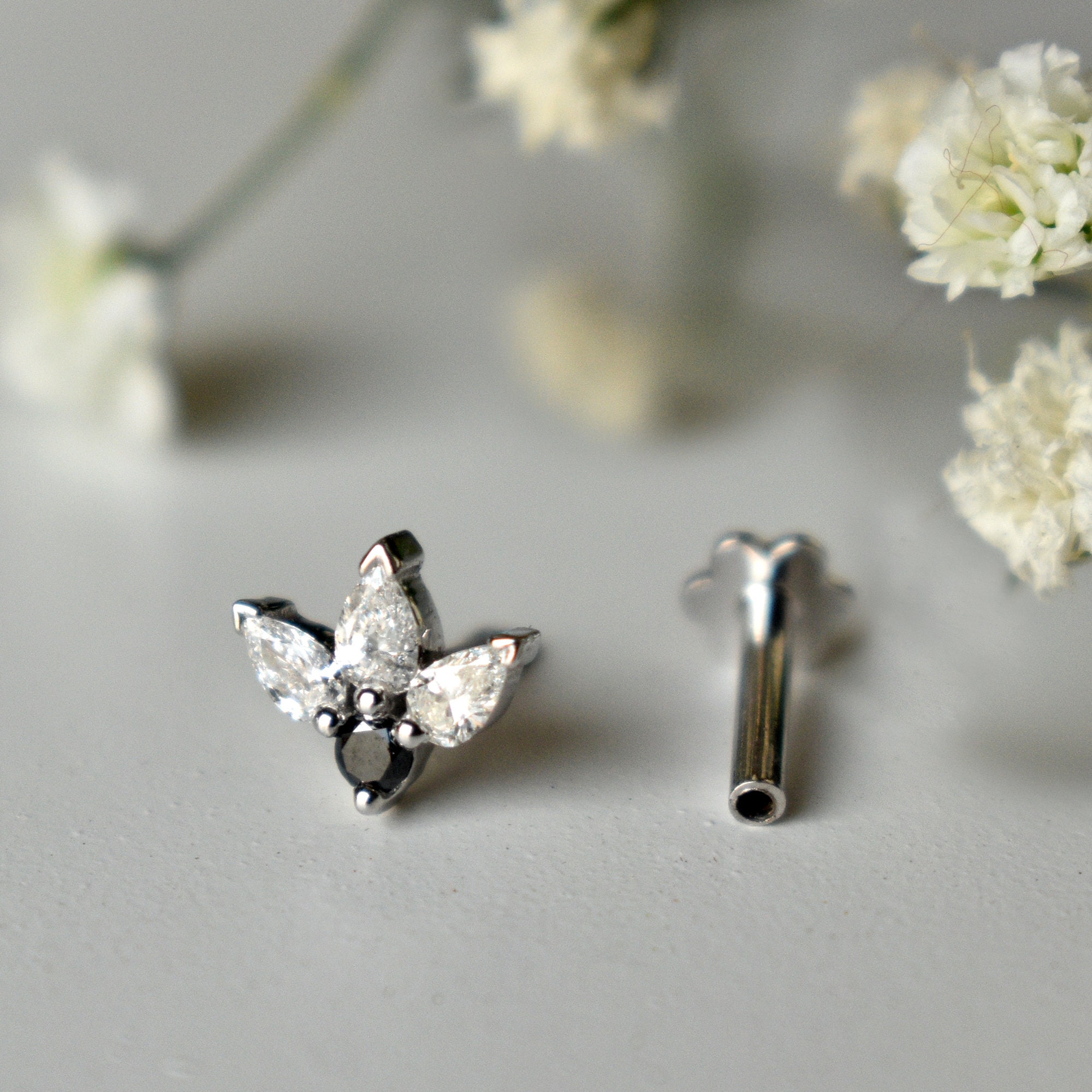 Black & White Natural Diamond Lotus Flower Pin 14k Gold Ear - Etsy