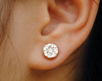 Illusion Set Solitaire Natural Diamond Earrings, Big Round Statement Diamond Ear studs, 6mm Round Diamond Pressure Set Ear Piercing