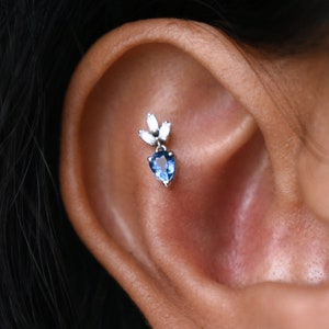 Natural Diamonds & Blue Sapphire Cluster Dangle Tiny Earring, 14k 18k Solid Gold Piercing Jewelry, Unique Ear Setup Tragus Flat Helix 16g image 2