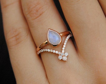 Moonstone Engagement Ring Set, Pear Ring with Diamond Chevron Deep V Ring in 14K Solid Gold, Engagement Wedding Band Set