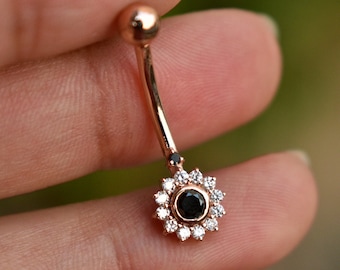 Natural Black & White Diamond Belly Button Ring in 14k Solid Gold, 14g Floral Curved Barbell, Floating Navel Bar, Gifts for Her