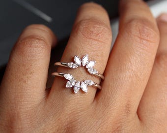 Marquise Diamond Halo Ring Enhancer for Round Engagement Ring, 14K Solid Gold Sunburst Anniversary Wedding Wrap DDP