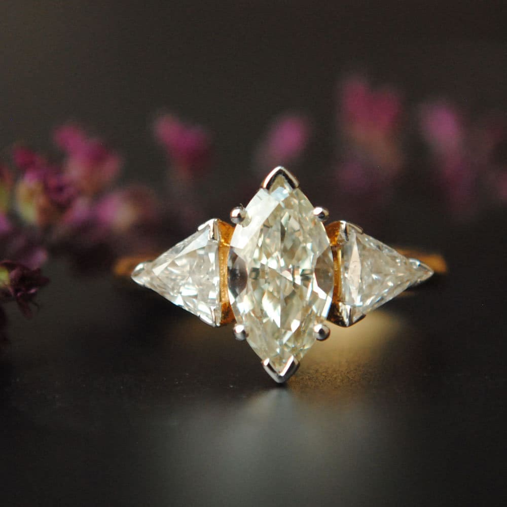 1 Carat Marquise & Trillion Cut Diamond Ring Three Stone Etsy