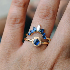Blue Sapphire Engagement Ring with Sapphire and Diamond Curved Bridal Stack Ring Set image 8