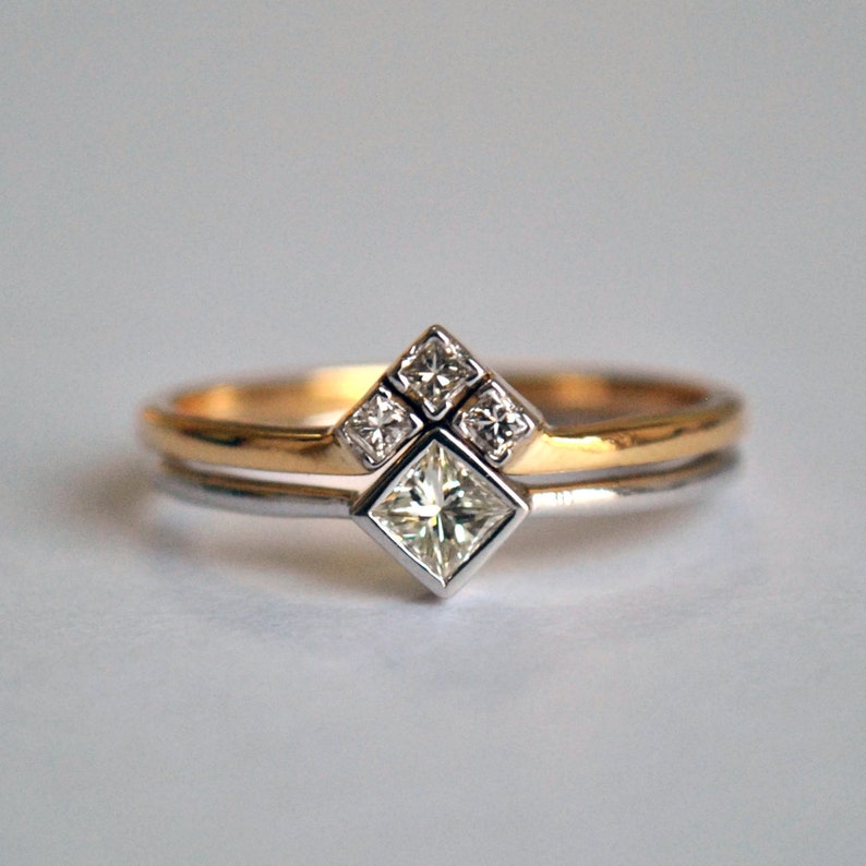 Princess Diamond Wedding Ring Set, 2pc Bridal Ring Set, 2 Tone 14k 18k Solid Gold Engagement Rings, Art Deco Geometric Stack Rings image 7