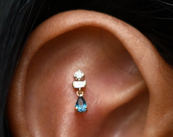 Natural Diamonds & London Blue Topaz Tiny Dangle Earring, 14k 18k Solid Gold Tragus Flat Forward Helix Stud, Piercing Jewelry Flatback 16g