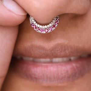 Crescent Ruby & Diamond Septum Daith Ring, 14K 18K Solid Gold Clicker Earring, Natural Gemstones Piercing Jewelry, July Birthstone Gift