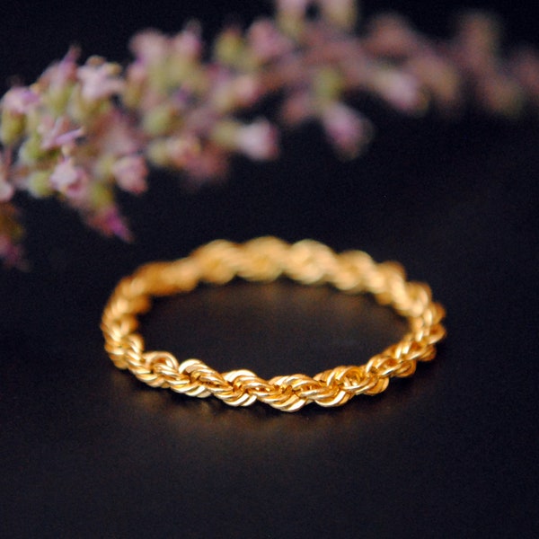 2.25mm Solid 18k Gold Rope Chain Ring, Thick Twisted Chain Stacking Ring, Bold Midi Knuckle Thumb Ring, Stocking Stuffer