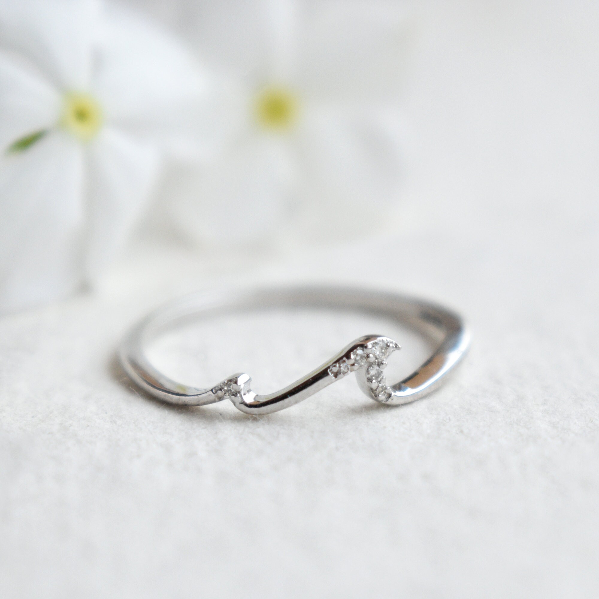 Diamond Wave Ring, 14K 18K Solid Gold Tide Current Band