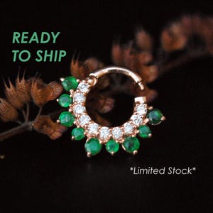 VERSAND IN 3 TAGE! * Begrenzte Anzahl * Natürlicher Grüner Smaragd und Diamant Septum Daith Clicker Ring, 14K 18K Solid Gold Hoop, Geschenke in letzter Minute