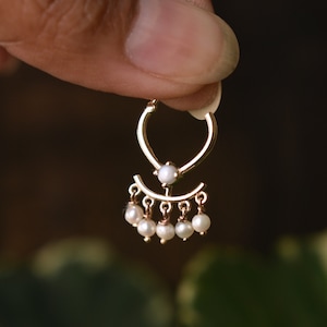14k 18k Solid Gold Dangling Pearls Septum Clicker, 6 8 10mm Helix Hinged Hoop Ring, 16g 18g Unique Piercing Jewelry, Piercing Lover Gift