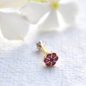 May include: A gold-colored nose stud with a flower design. The flower is made of small, round, red gemstones. The stud has a small, clear gemstone at the end of the post.