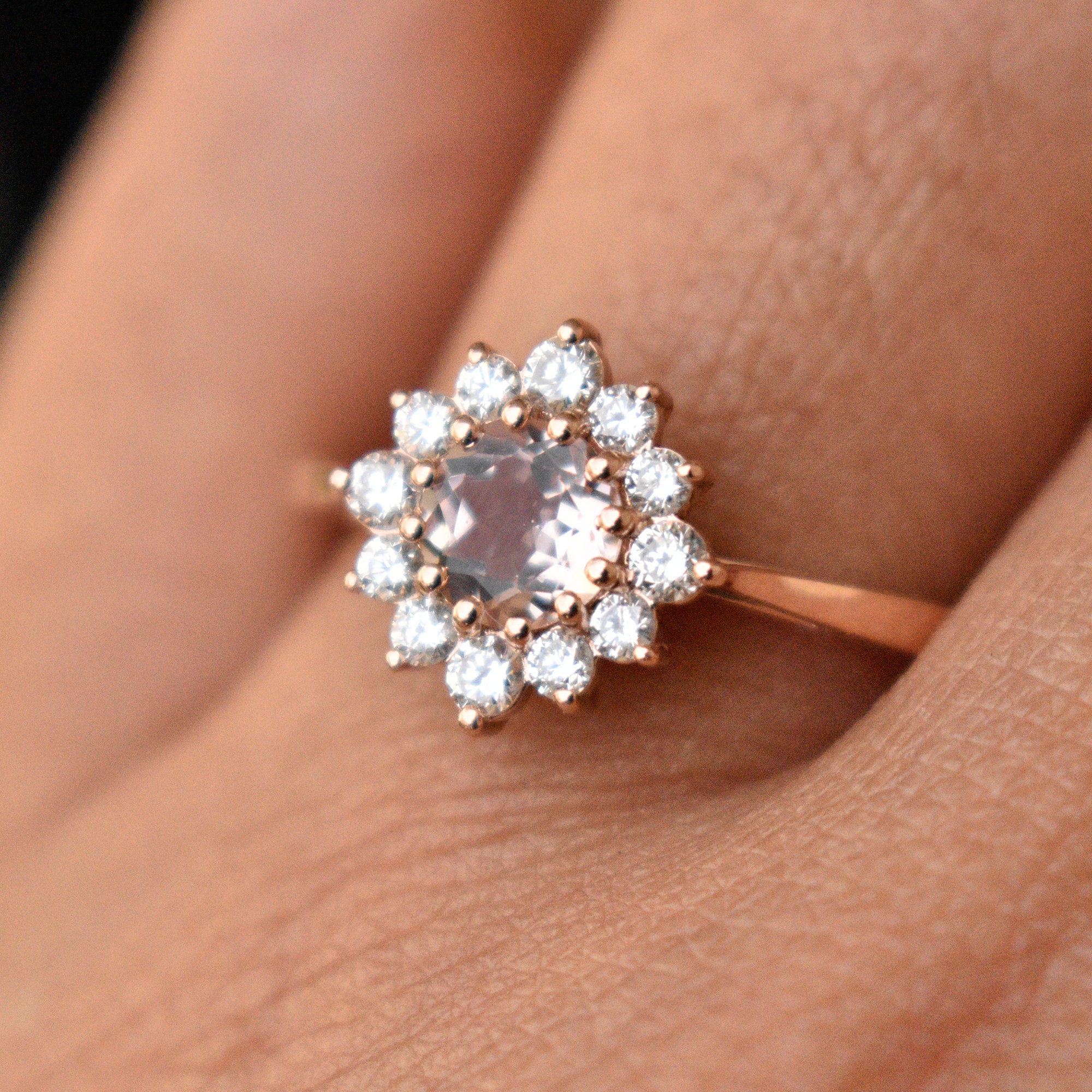 Natural Morganite & Diamond Halo Engagement Ring, 14K 18K Solid Gold Flower Cluster Ring, Cathedral Proposal Ring, Alternative Bridal Floral