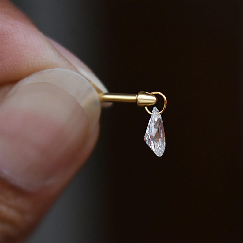Floating Pear Natural Diamond Stud, 14k/18k Solid Gold Hidden Helix Piercing Jewelry Unique Ear Set Up image 6