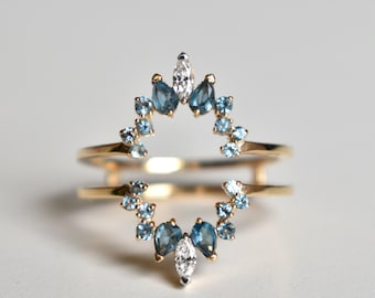 Natural Blue Topaz and Diamond Ring Guard Enhancer, 14K 18K Solid Gold Marquise Pear Round Multistone Halo Ring Wrap, Bridal Ring Enhance
