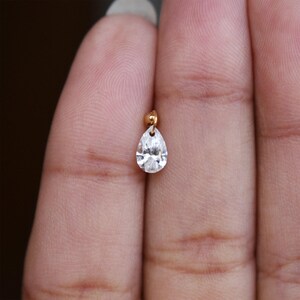 Floating Pear Natural Diamond Stud, 14k/18k Solid Gold Hidden Helix Piercing Jewelry Unique Ear Set Up image 7