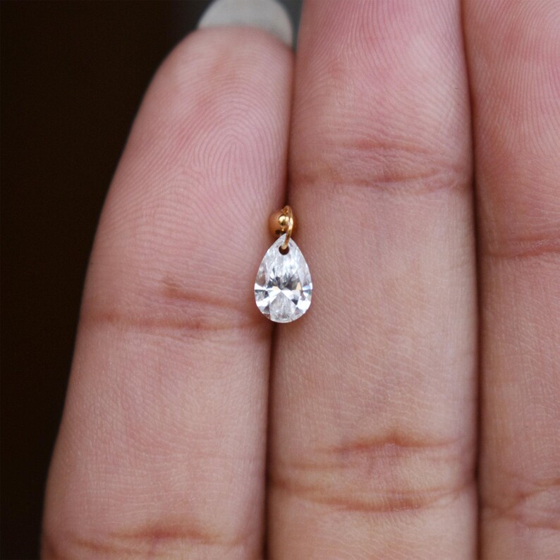 Floating Pear Natural Diamond Stud, 14k/18k Solid Gold Hidden Helix Piercing Jewelry Unique Ear Set Up image 7