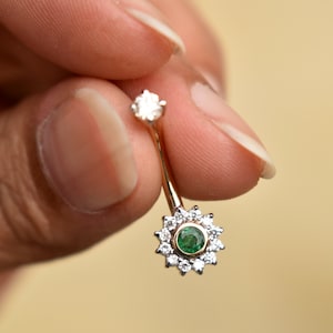 14g 6mm 8mm 10mm Natural Diamond & Green Emerald Curved Barbell, 14k 18k Solid Gold Barbel for Ear Rook Belly Eyebrow Lip Piercing