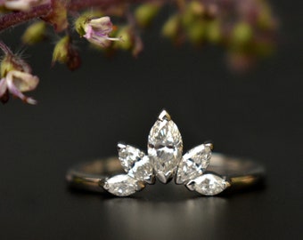 Curved Wedding Band with Marquise Cut Natural Diamonds in 14k Solid White Gold, Contour Layering Stack Engagement Ring