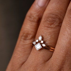 Princess Diamond Wedding Ring Set, 14k Solid Gold Bridal Engagement Ring Set, Marquise Diamond Chevron V Wedding Band, Diamond Set image 1