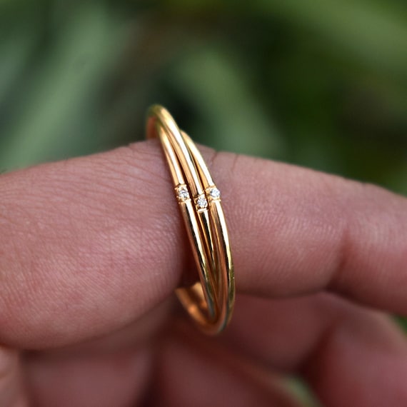 14k 18k Solid Gold Three Rolling Ring, 1mm Triple Interlocked Pave Diamond Ring, Fidget Band