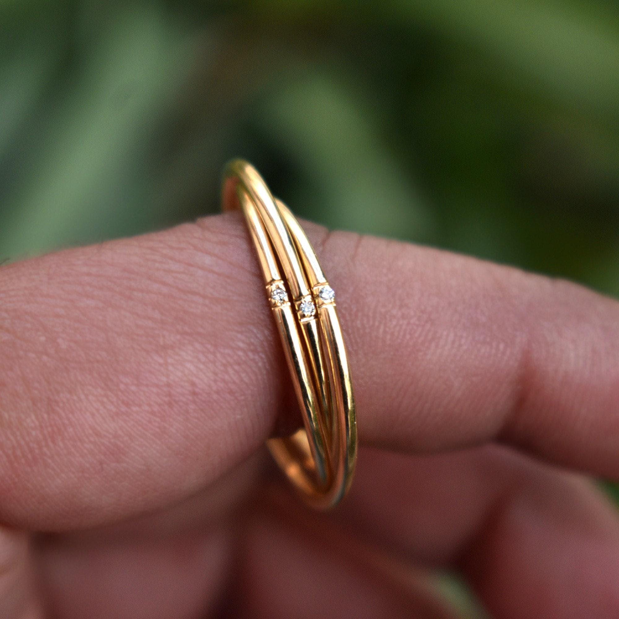 14k 18k Solid Gold Three Rolling Ring, 1mm Triple Interlocked Pave ...