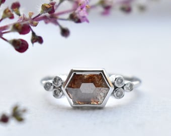 Hexagon Brown Diamond Engagement Ring, Sterling Silver Ring, Champagne White Diamond Cluster Ring, East West Geometric Ring