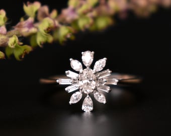 Oval Diamond Edwardian Engagement Ring with Diamond Halo, 14K Solid White Gold Gatsby Ring, Pear Marquise Baguette Diamond Floral Cluster