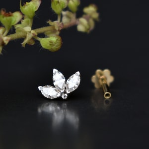 Natural Diamond Lotus, 14k 18k Solid Gold Stud, Tragus Lobe Conch Cartilage Helix Piercing Stud, Marquise Diamond Flatback Pin