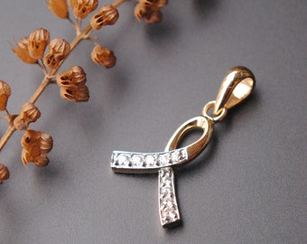 Diamond Awareness Ribbon Charm Pendant, Dainty Gold and Diamond Ribbon Necklace Pendant