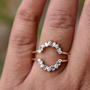 Natural Diamond Ring Guard, Oval Flower Shaped Engagement Ring Wrap, 14k 18k Solid Gold & Baguette Round Diamond Custom Fit Enhancer image 9