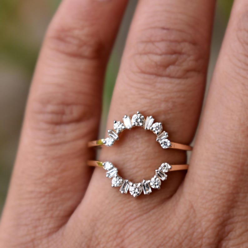 Natural Diamond Ring Guard, Oval Flower Shaped Engagement Ring Wrap, 14k 18k Solid Gold & Baguette Round Diamond Custom Fit Enhancer image 9