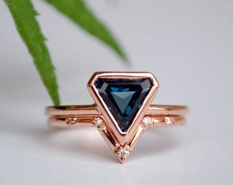 London Blue Topaz and Diamond Engagement Ring Set, 14k Rose Gold Bridal Wedding Set, Shield Shaped Topaz Ring