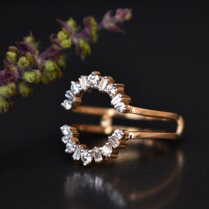 Natural Diamond Ring Guard, Oval Flower Shaped Engagement Ring Wrap, 14k 18k Solid Gold & Baguette Round Diamond Custom Fit Enhancer image 6
