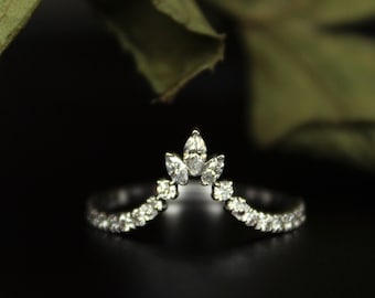 Tiefes V Diamant Ring verstärkt aus 14K Gold, gebogene Tiara Stacking Ehering, Marquise & runder Diamant Konturring