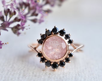 Strawberry Quartz & Black Diamond Engagement Ring Set, Solid 14K Rose Gold Bridal Ring Set, Pink Gemstone Ring with Black Diamond Halo