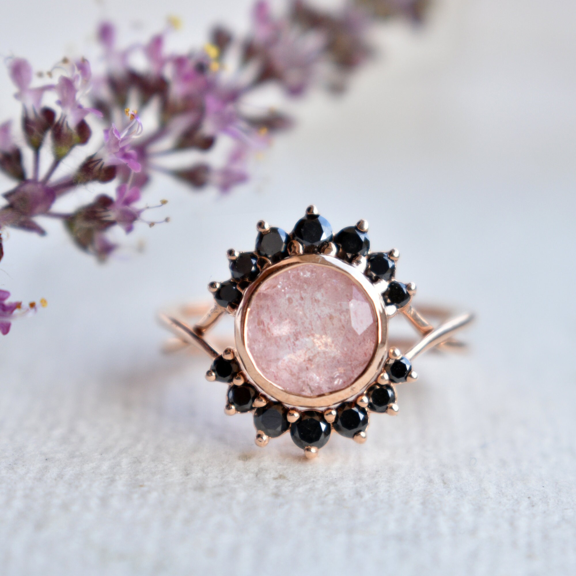 Strawberry Quartz & Black Diamond Engagement Ring Set, Solid 14K Rose Gold  Bridal Ring Set, Pink Gemstone Ring With Black Diamond Halo - Etsy